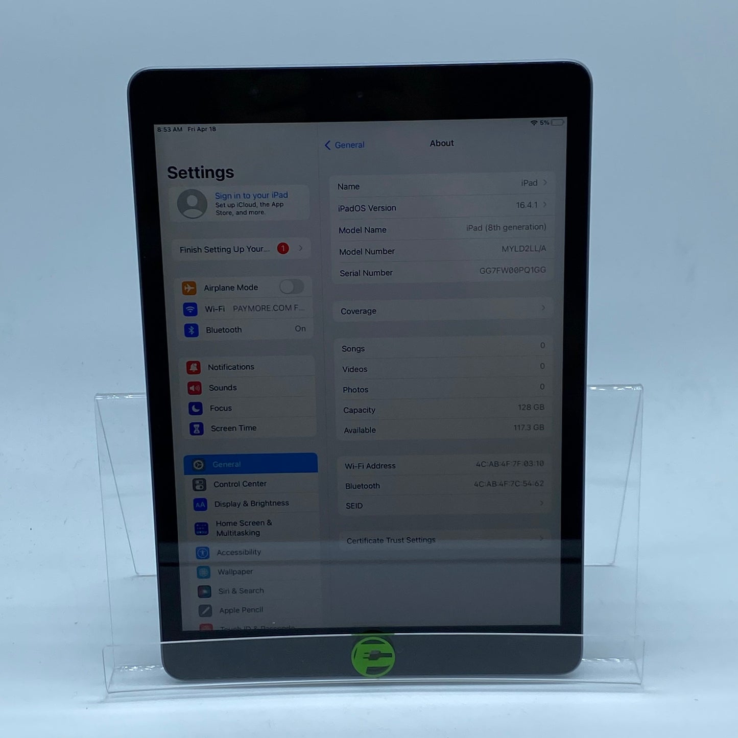 WiFi Only Apple iPad 8th Gen 128GB 16.3 SPACE GRAY A2270