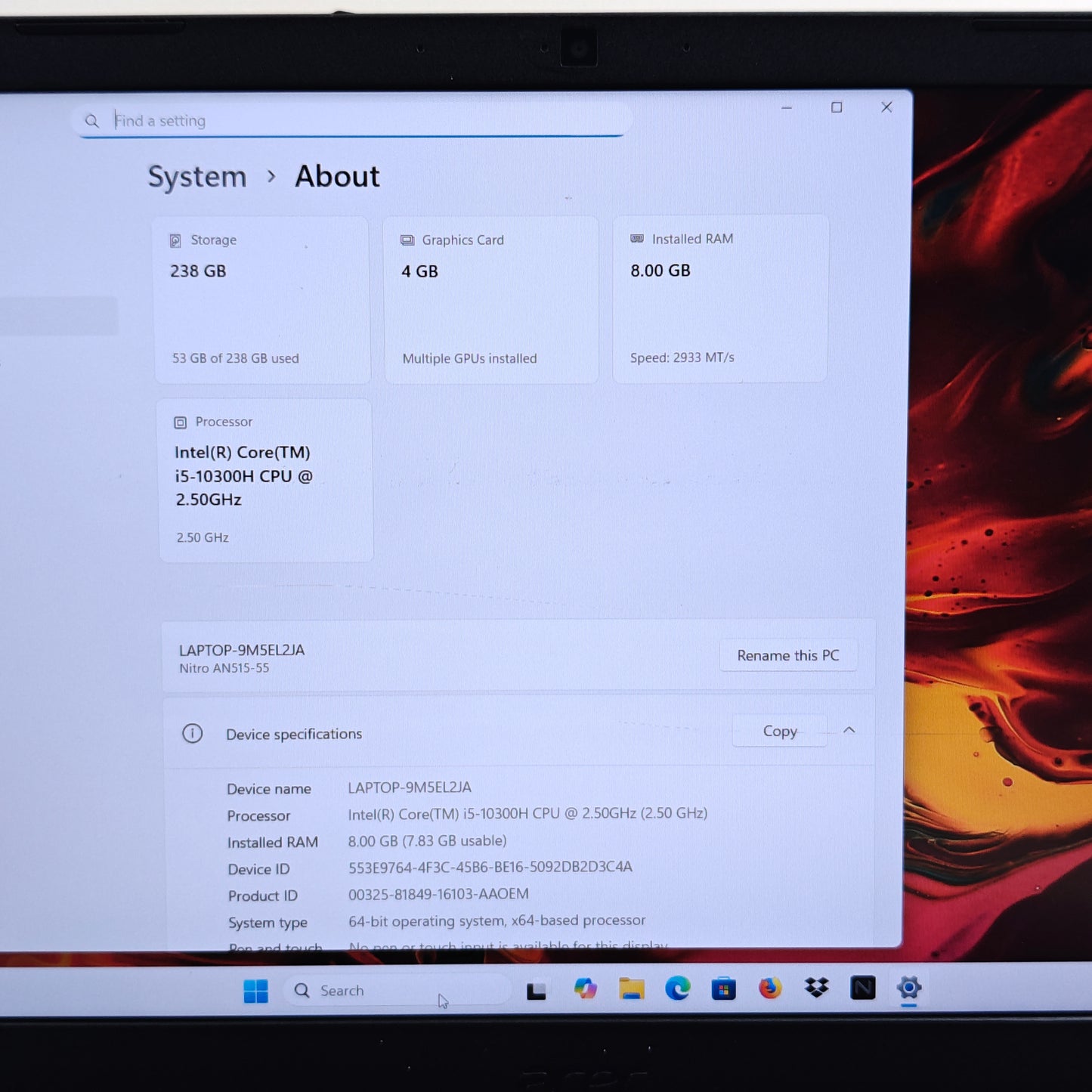 Acer Nitro 5 AN515-55 15.6" i5-10300H 8GB RAM 256GB SSD GeForce GTX 1650