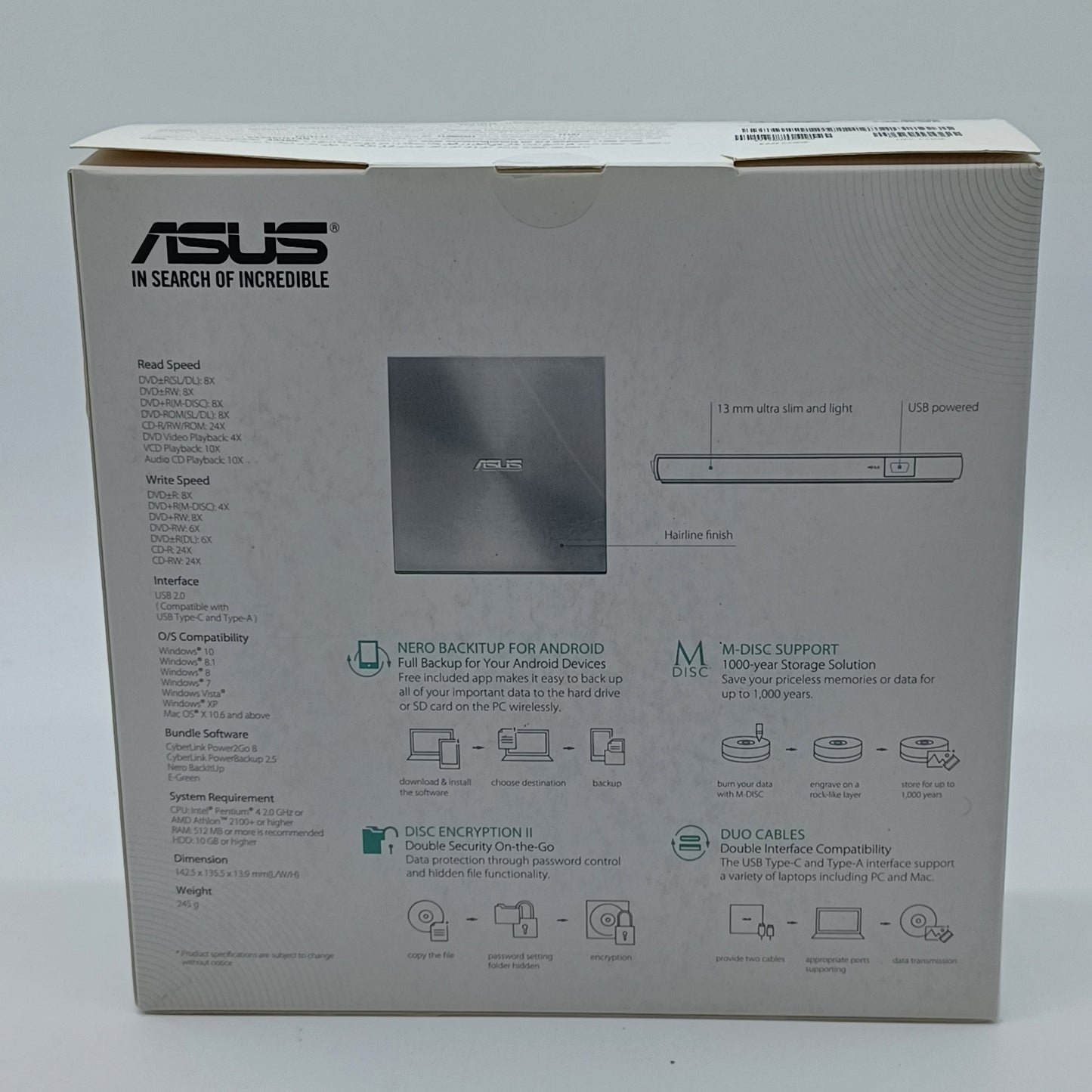 New Asus ZenDrive External DVD Writer SDRW-08U9M-U