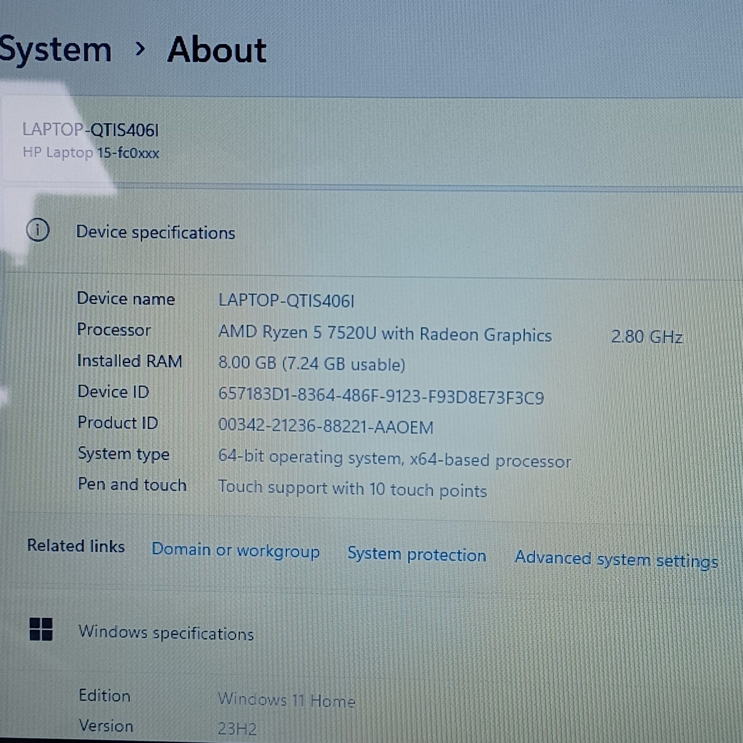 HP 15-fc0058nr 15.6" Ryzen 5 7520U 2.8GHz 8GB RAM 512GB SSD