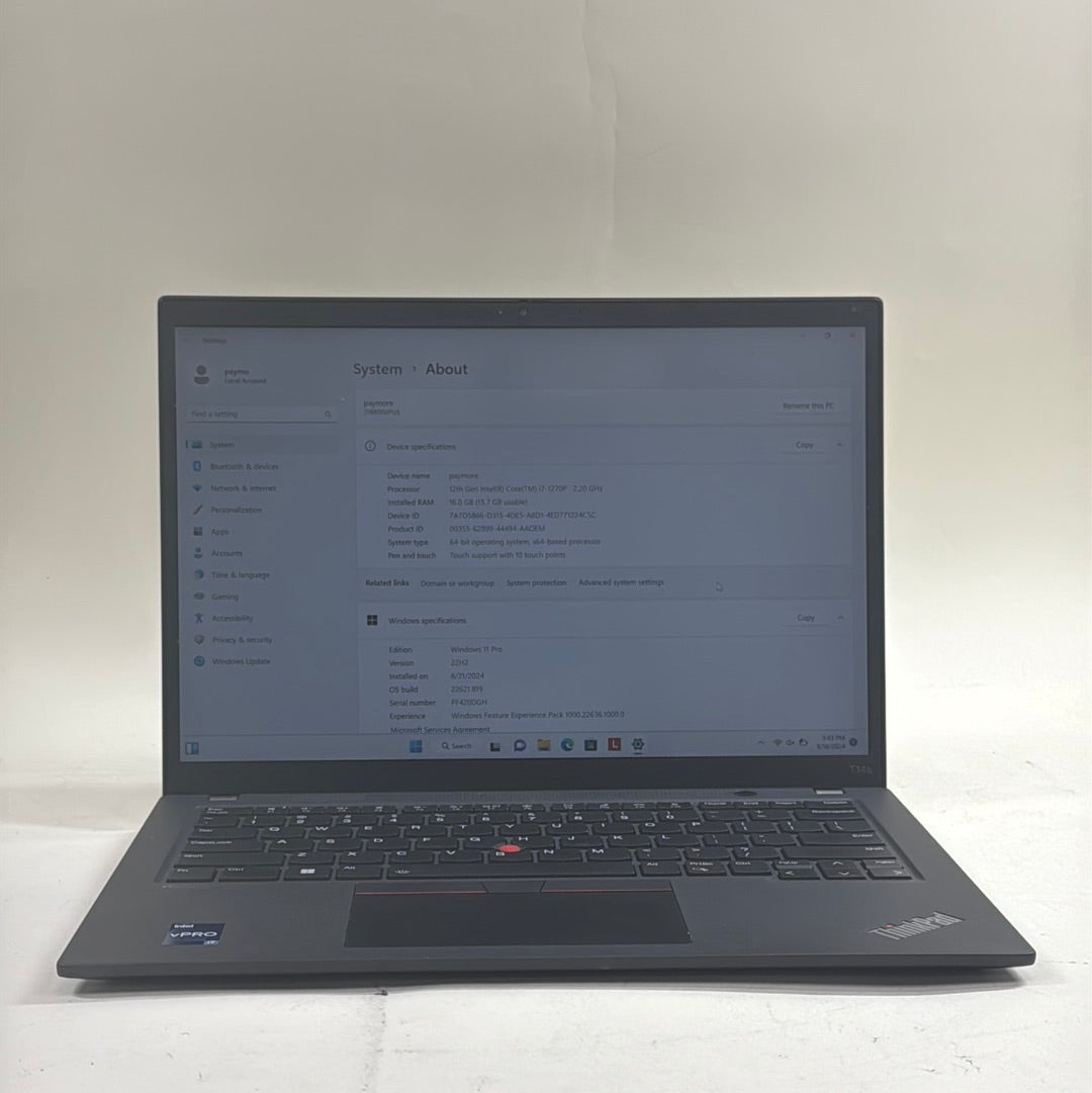 Lenovo ThinkPad T14s Gen 3 21br-000pus 14" i7-1270P 1.7GHz 16GB RAM 512GB SSD Intel UHD Graphics