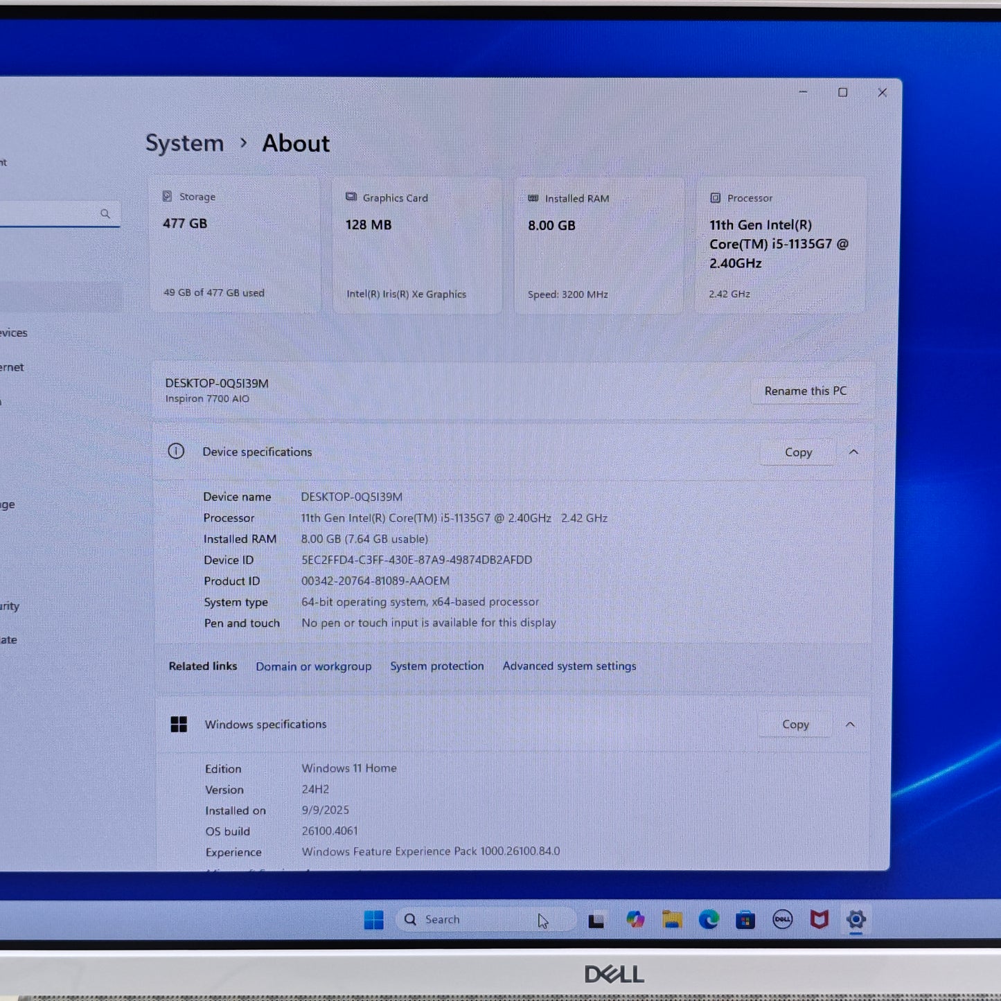 Dell Inspiron 7700 7700 27" i5-1135G7 2.40GHz 8GB RAM