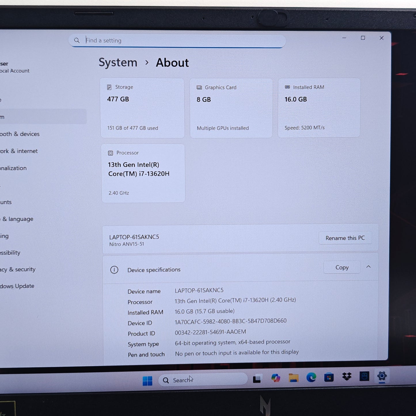 Acer Nitro V 15 ANV15-51 15.6" i7-13620H 16GB RAM 512GB SSD GeForce RTX 4060